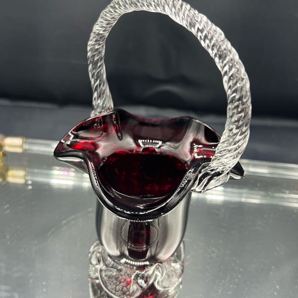 Vintage Ruby Red Art Glass Basket with Clear Twisted Handle/From Romania